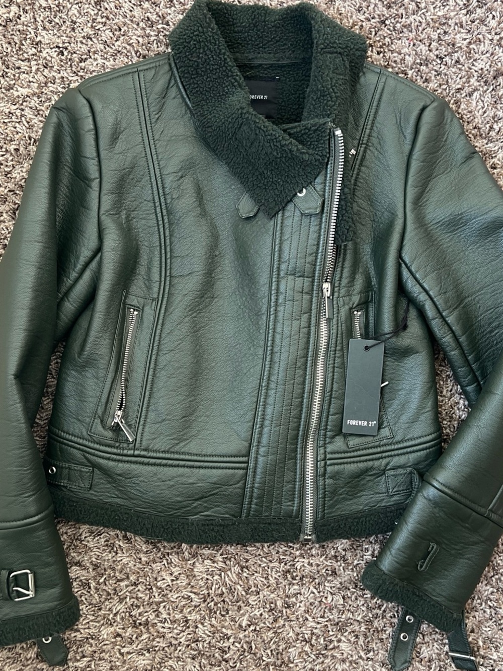 🆕 Forever 21 Dark Green Faux Leather Sherpa Jacket